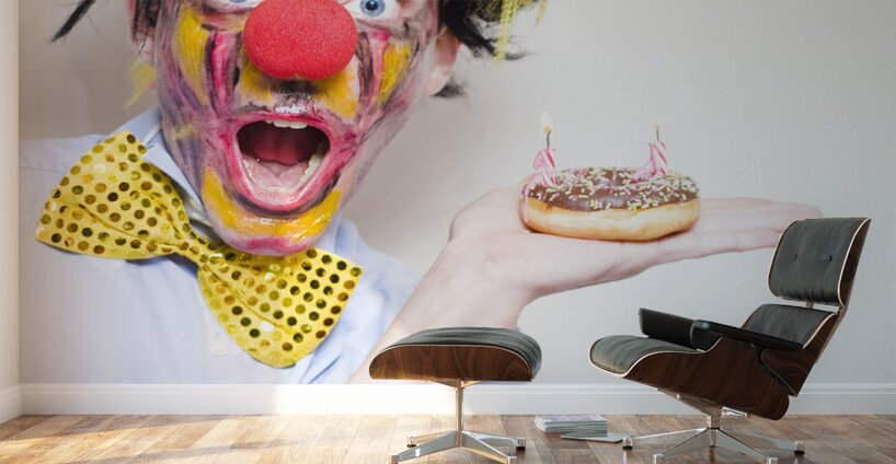 Surprise Happy Birthday Clown Holding Party Cake Wall Murals
