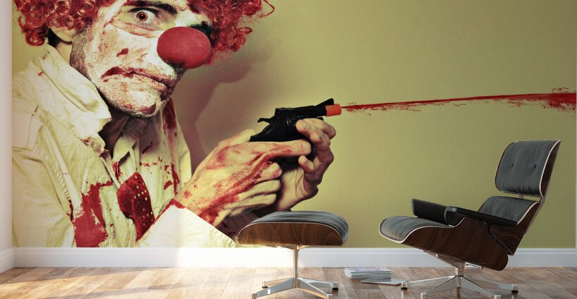 Creepy Manic Clown Shooting Blood From Cap Gun Wall Murals