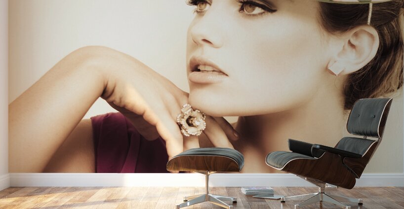 woman wearing v-neck blouse and floral hat Wall Murals