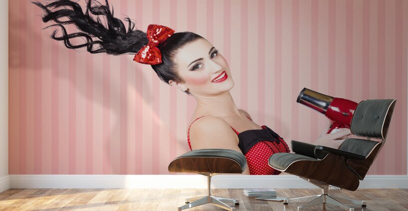 Fashion model straightening long brunette hair Wall Murals