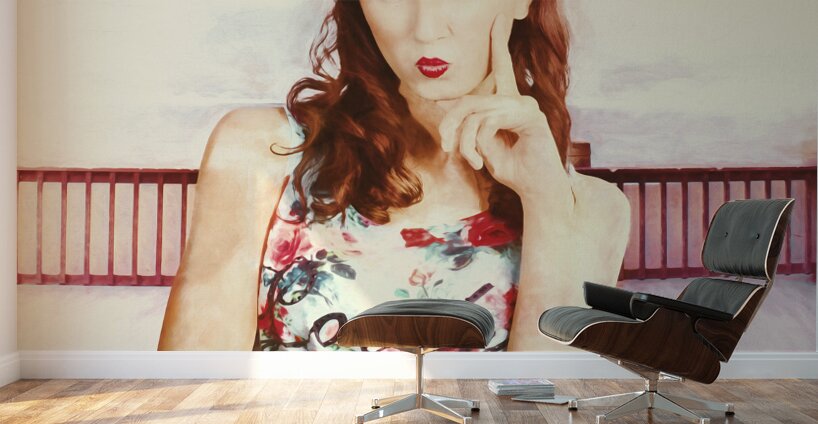 Retro clip art of a thinking pin-up woman Wall Murals