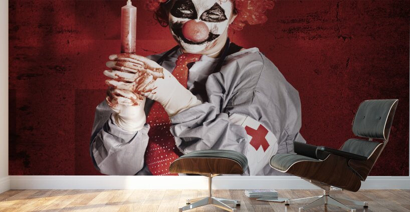 Dr Death clown with big red hypodermic needle Wall Murals