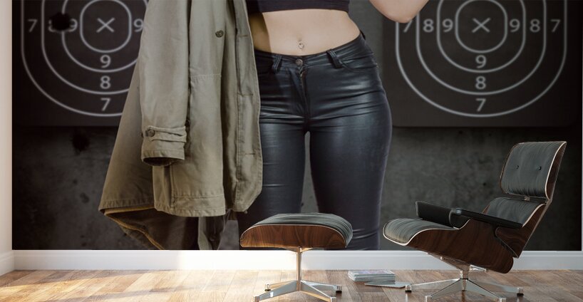 Army pinup girl at rifle range. Bullet proof Wall Murals