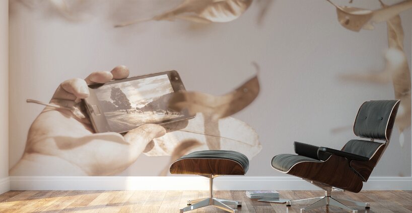 Smart phone catching a serene autumn landscape Wall Murals