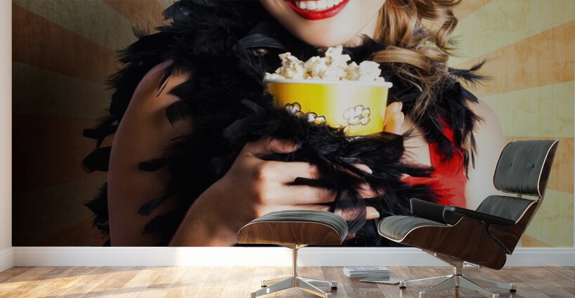 Vintage Woman Eating Popcorn At Movie Premiere Wall Murals
