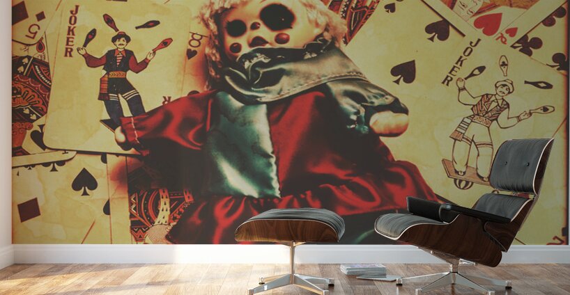 Evil clown doll on playing cards Wall Murals