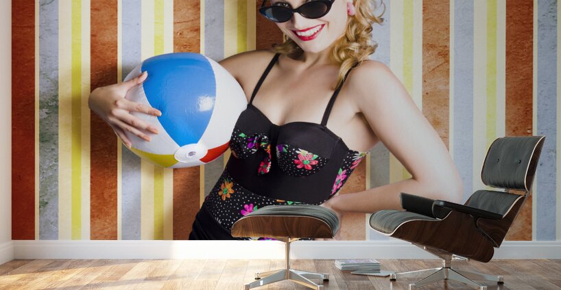 Vintage Beach Babe On Retro Background Wall Murals