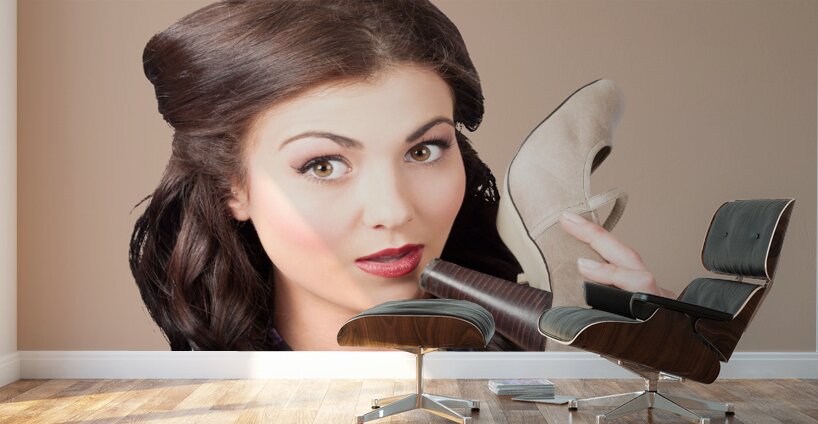 Pinup vintage woman chatting on shoe phone Wall Murals