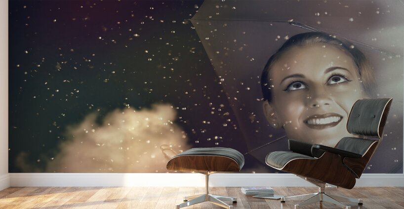 Happy Woman Walking Outside On A Rainy Summer Day Wall Murals