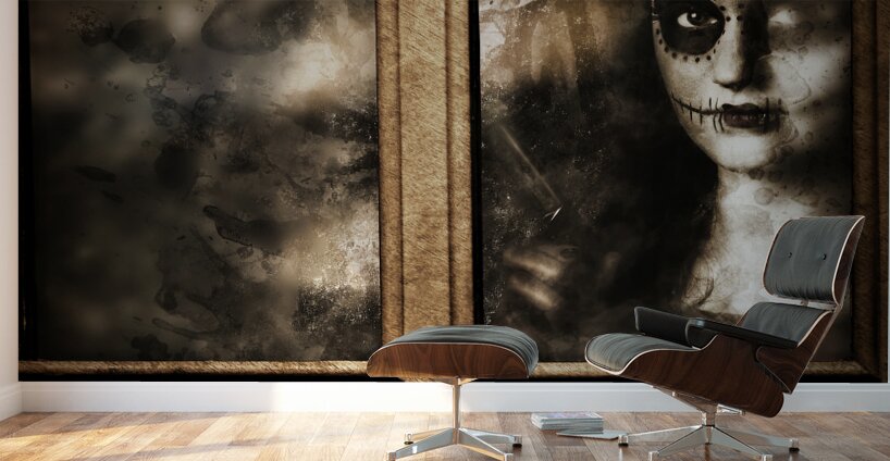 Scary murderer standing by the window with handgun Wall Murals