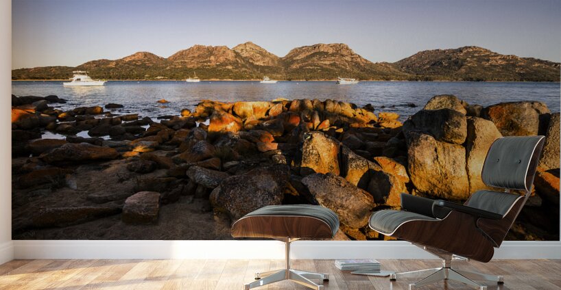 Golden rocky beachfront Wall Murals