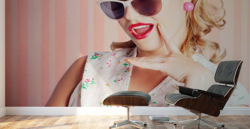 Glamorous Retro Blonde Girl Thinking Fashion Ideas Wall Murals