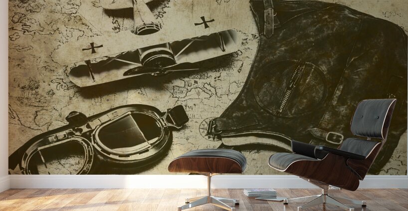 Goggles pouch and model biplane on map Wall Murals