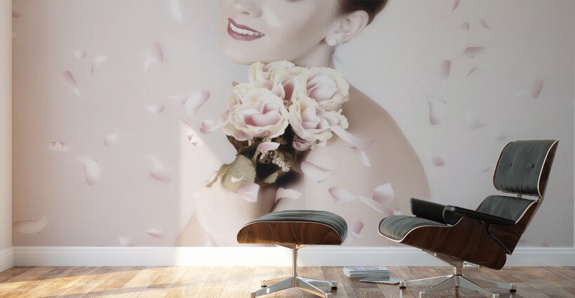 Beautiful Woman Holding Flowers At Vintage Wedding Wall Murals