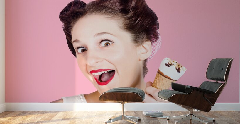 Funny pinup girl with ice cream in isolated studio Wall Murals