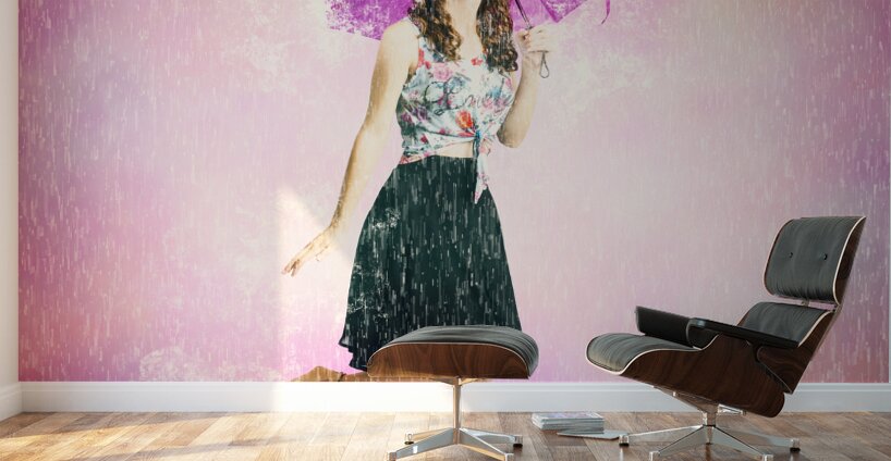 Pin-up girl in rain downfall. Hop skip and jump Wall Murals
