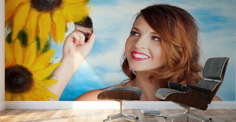 Female artist drawing sun flowers during summer Wall Murals