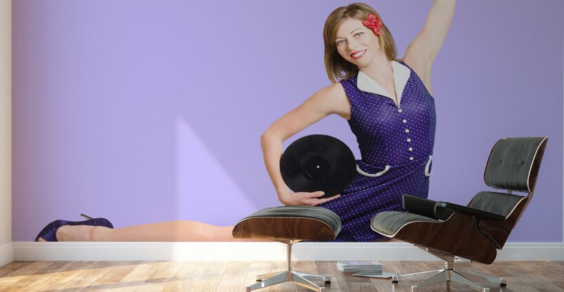 Pin-up woman balancing sound with record music Wall Murals