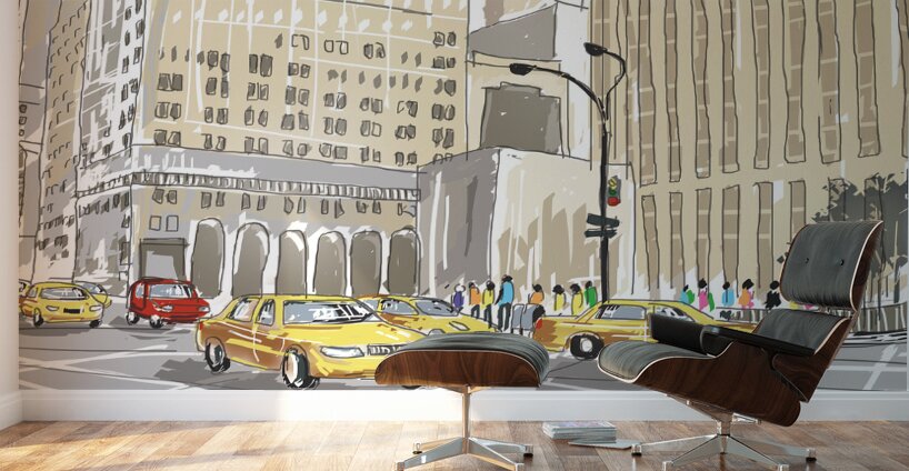 Hand drawn sketch of a busy New York City street Wall Murals