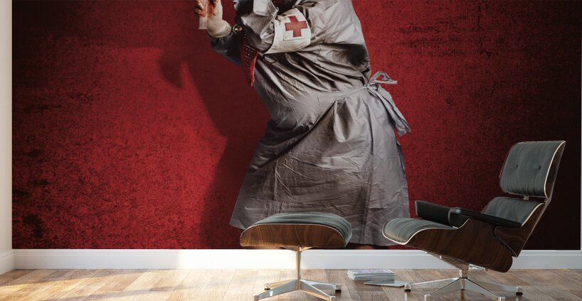 Scary clown doctor about to give jab with syringe Wall Murals