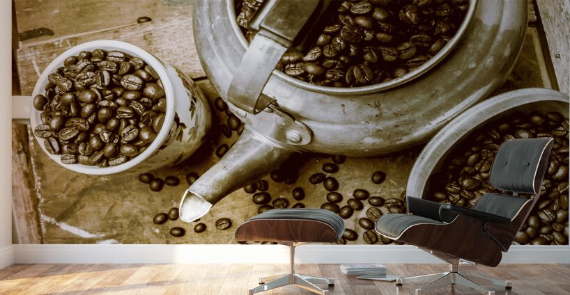 Roasted coffee beans in kettle and cup Wall Murals