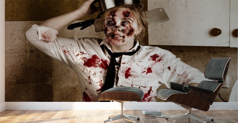 Funny zombie cook dancing in horror kitchen Wall Murals