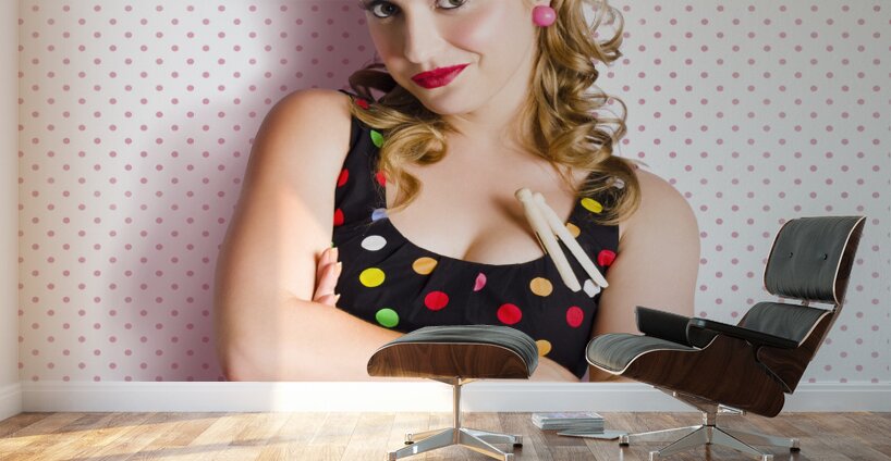Pretty Retro Cleaning Lady On Polka Dot Background Wall Murals