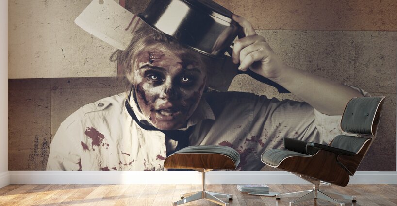 Dead scary zombie girl cooking brains Wall Murals