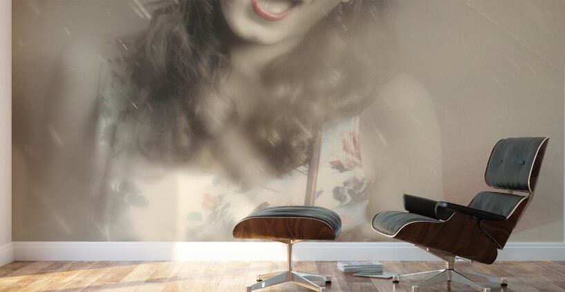 Pin-up woman dancing in a shower of rain Wall Murals