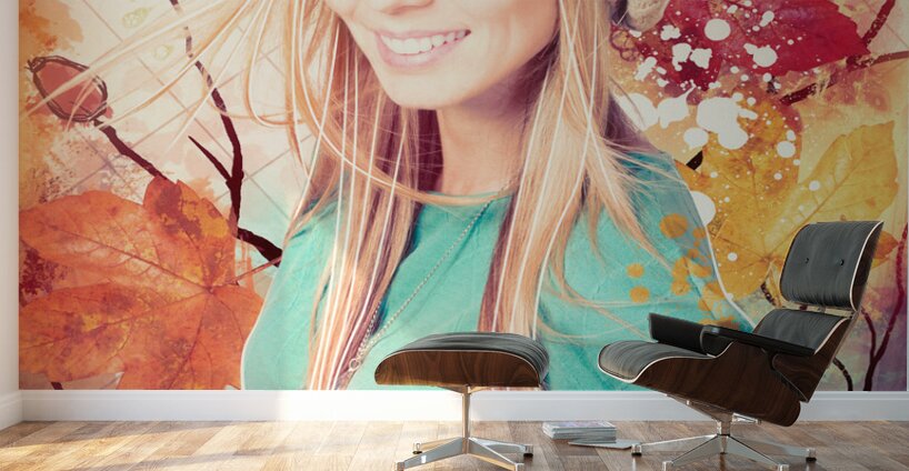 Pretty blond girl in autumn fashion illustration Wall Murals