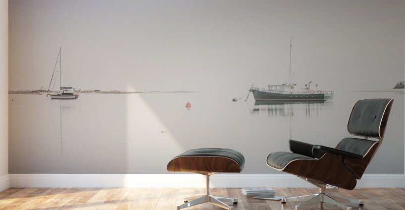 Vintage photo of a fishing boat anchored at dusk Wall Murals