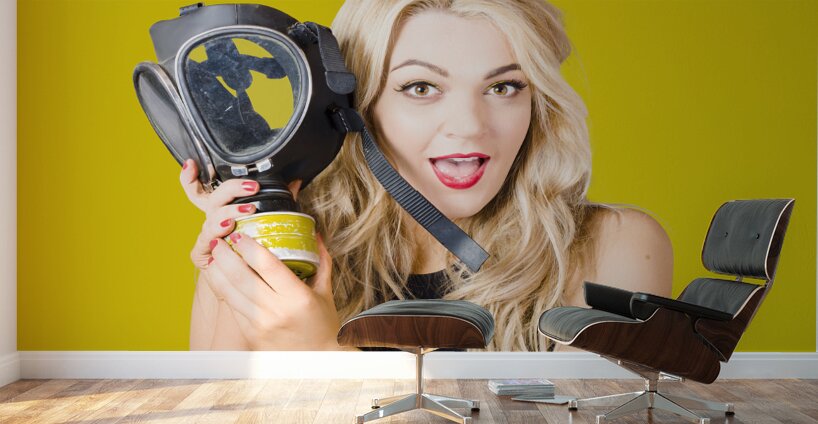 Woman in fear holding gas mask on white background Wall Murals