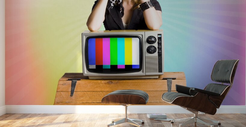 Technology Smart Pinup Woman On Retro Color TV Wall Murals