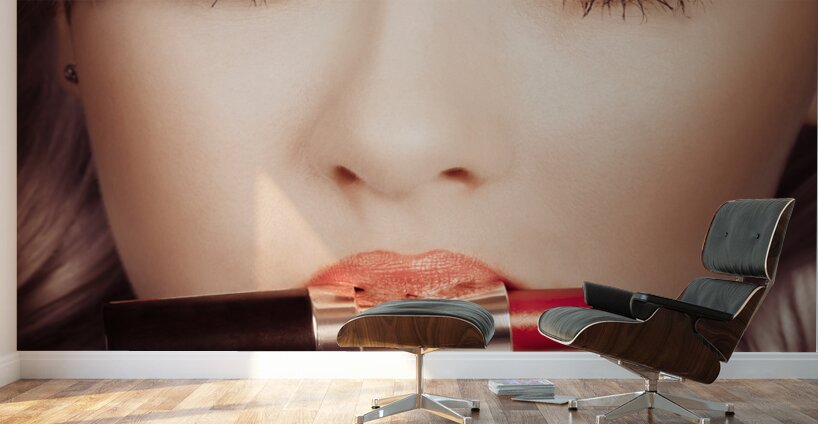 Surprised pinup girl with lipstick makeup in mouth Wall Murals