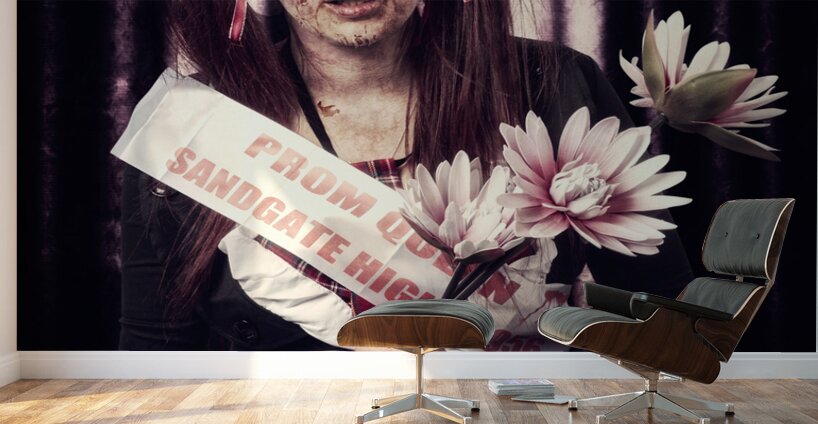 Evil zombie prom queen holding flowers on stage Wall Murals