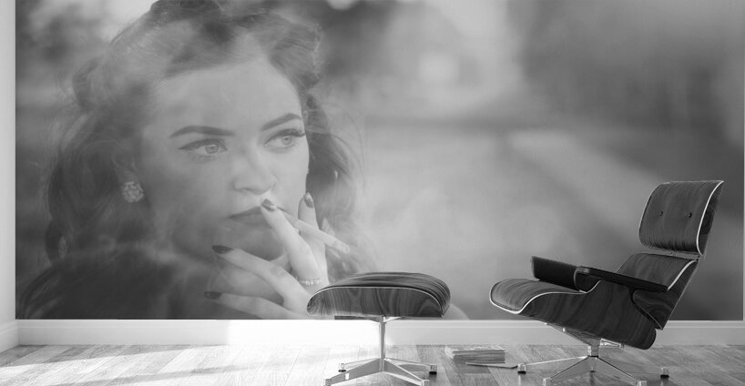 Film noir lady smoking cigarette on vintage street Wall Murals