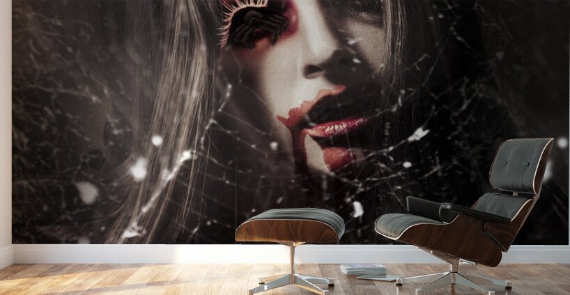 Female face of dark horror. Eye of the black widow Wall Murals