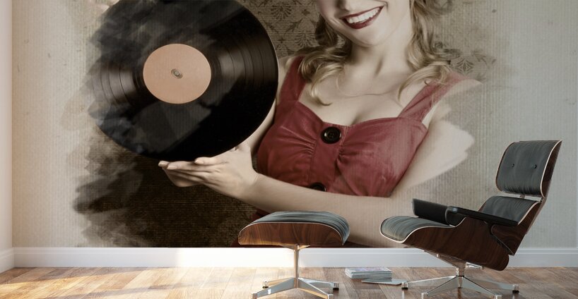 Pin-Up Rockabilly Woman Holding Vinyl Record LP Wall Murals