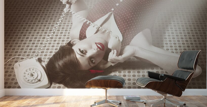 Beautiful brunette pinup woman on vintage phone Wall Murals