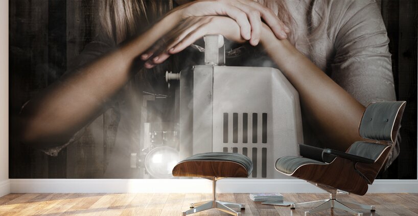 Vintage Beauty Watching Old Film Projector Movie Wall Murals