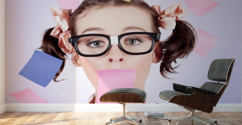 Business Womans Face Covered In Paper Reminders Wall Murals