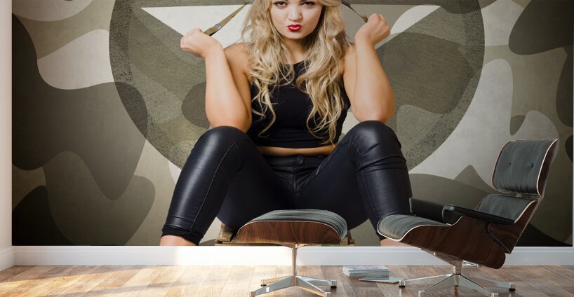 Beautiful army pinup woman on ammo box Wall Murals