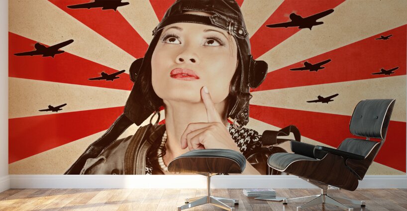 Retro asian pinup girl. War planes of revolution Wall Murals