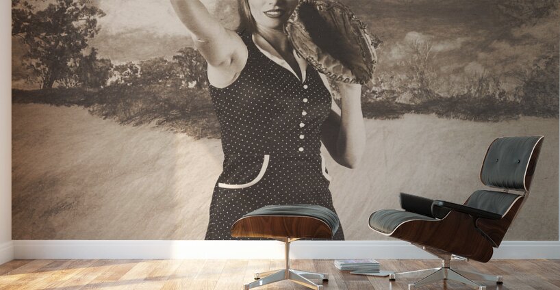 Vintage pin up girl pitching baseball Wall Murals