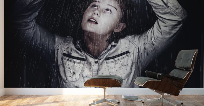 Woman checking weather forecast on tablet Wall Murals