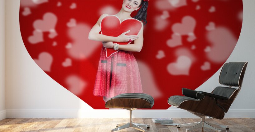 Valentines day woman holding love heart card Wall Murals