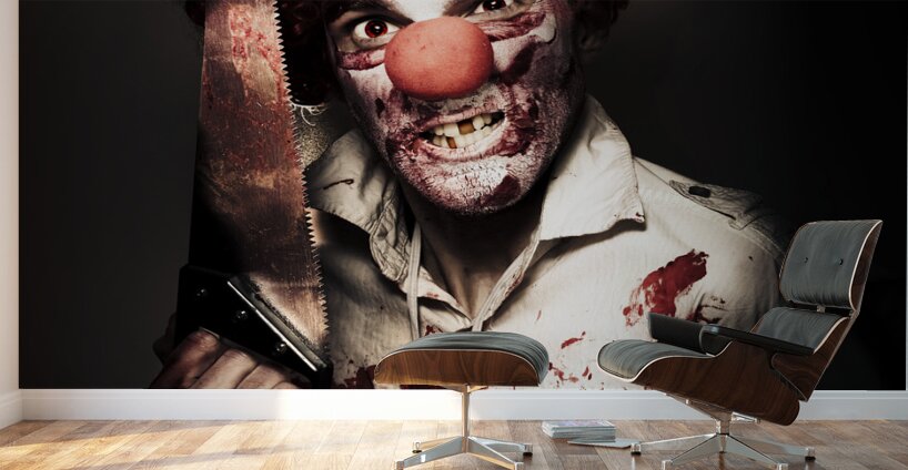 Angry Horror Clown Holding Butcher Saw In Darkness Wall Murals