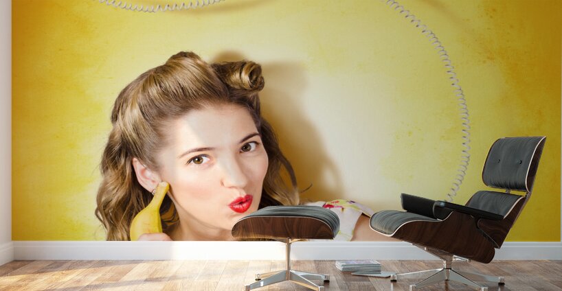 Gossiping retro pin up girl on fruit phone Wall Murals