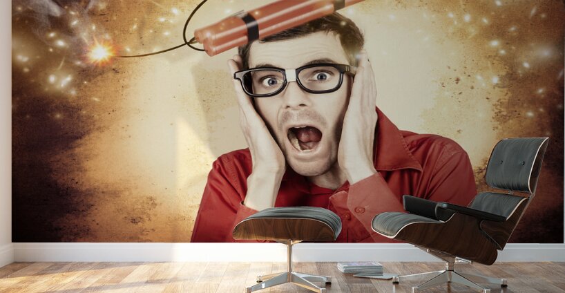 Nerd business man shouting out in fear of a bomb Wall Murals