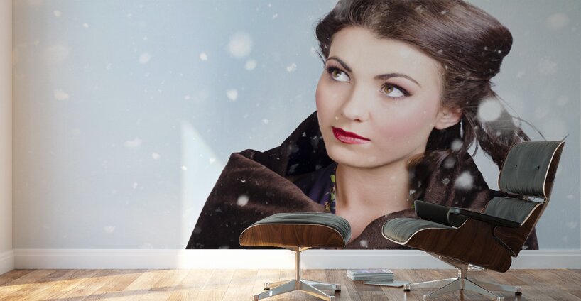 Beautiful brunette woman freezing in outdoor forest Wall Murals